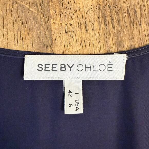 See by Chloe Women’s 100% Silk Empire Waist Cold Shoulder V Neck Dress Blue Sz 6 - Picture 5 of 13